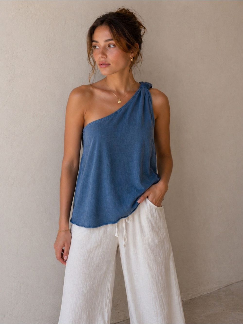 UNSUBSCRIBED One Shoulder Twisted Wrap Strap Muted Blue Loose Fit Tank